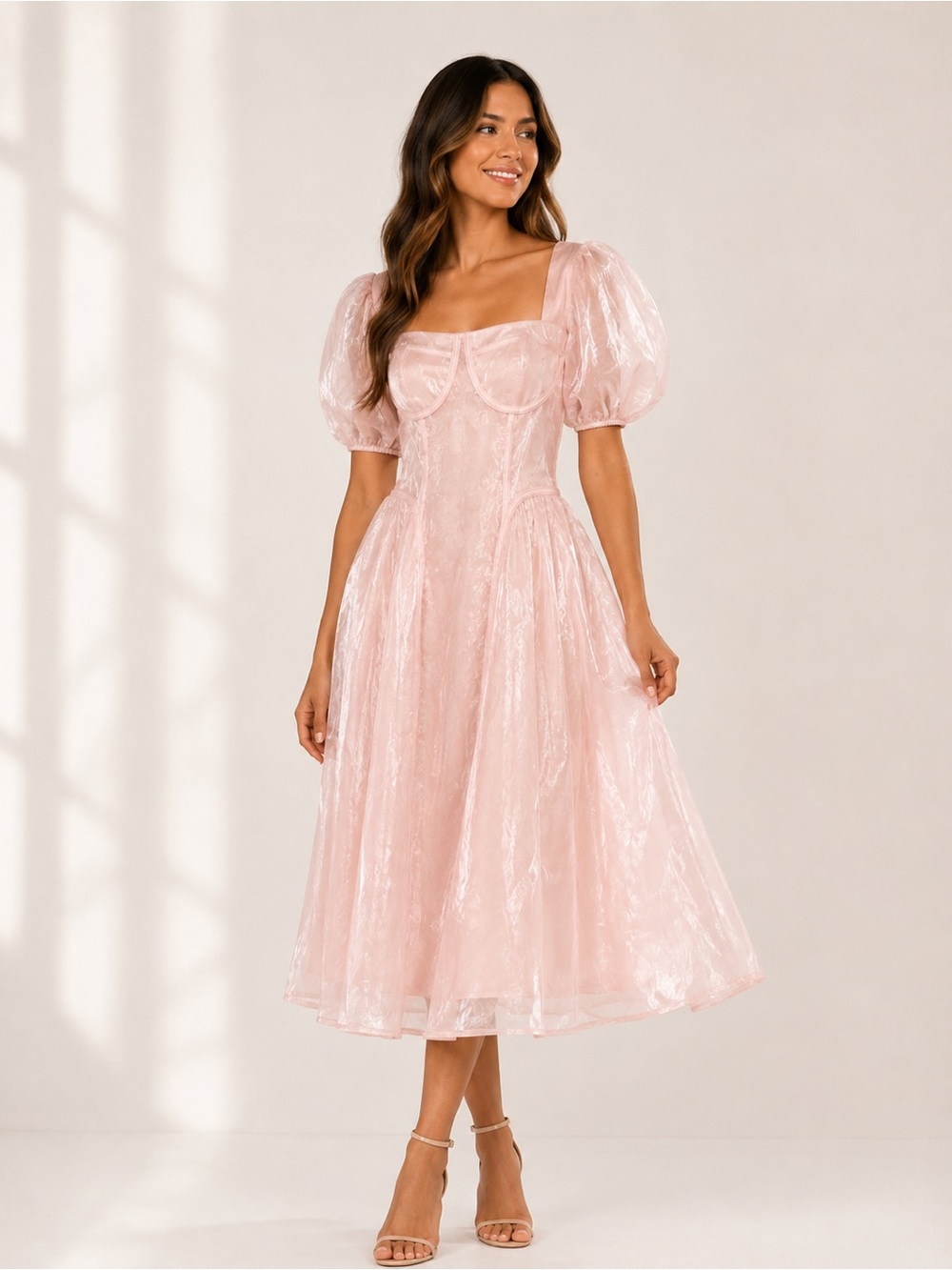 LALADUDU Pink Organza Midi Dress Large